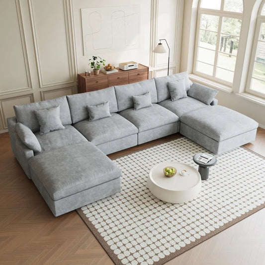 Premium Slope Cloud Sectional Couches | 6-Piece Linen Light Grey Cloud-Like Comfort U-Shaped Sectionals 4-seaters with 2-Ottomans