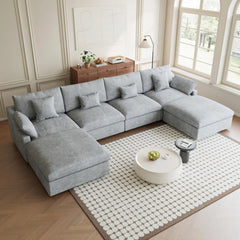 Premium Slope Cloud Sectional Couches | 6-Piece Linen Light Grey Cloud-Like Comfort U-Shaped Sectionals 4-seaters with 2-Ottomans