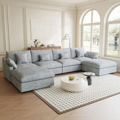 Premium Slope Cloud Sectional Couches | 6-Piece Linen Light Grey Cloud-Like Comfort U-Shaped Sectionals 4-seaters with 2-Ottomans