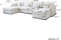 Premium Slope Cloud Sectional Couches | 6-Piece Linen White Unique Slope Armrest U-Shaped Sectionals 4-seaters with 2-Ottomans