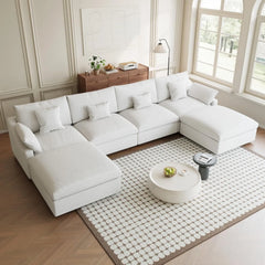 Premium Slope Cloud Sectional Couches | 6-Piece Linen White Unique Slope Armrest U-Shaped Sectionals 4-seaters with 2-Ottomans