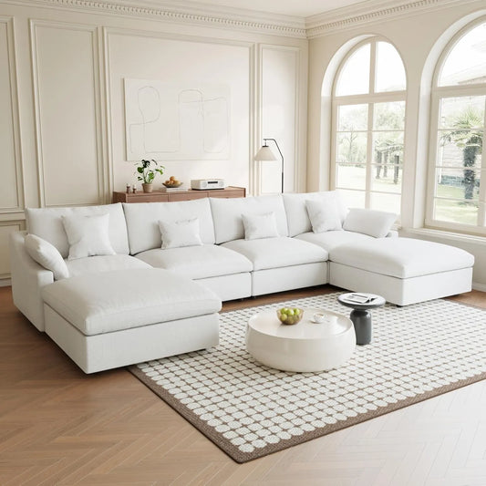 Premium Slope Cloud Sectional Couches | 6-Piece Linen White Unique Slope Armrest U-Shaped Sectionals 4-seaters with 2-Ottomans