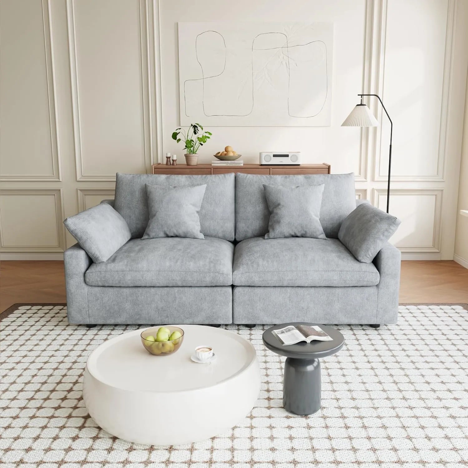 Premium Slope Cloud Sectional Couches | 2-Piece Linen Light Grey Relaxed Airy Elegance Loveseats 2-seaters