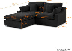 Premium Slope Cloud Sectional Couches | 3-Piece Linen Black Breathable Linen Fabric Chaise Sectionals 2-seaters with 1-Ottomans