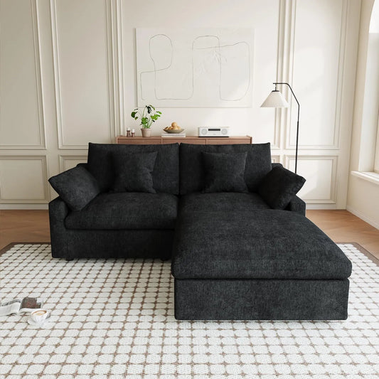 Premium Slope Cloud Sectional Couches | 3-Piece Linen Black Breathable Linen Fabric Chaise Sectionals 2-seaters with 1-Ottomans