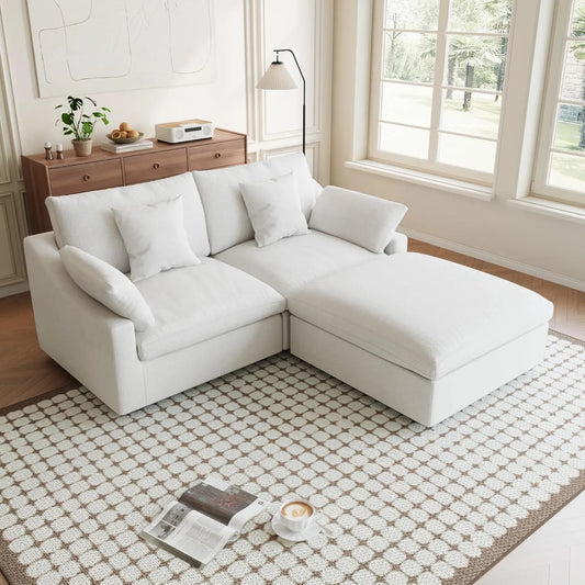 Premium Slope Cloud Sectional Couches | 3-Piece Linen White Cloud-Like Comfort Chaise Sectionals 2-seaters with 1-Ottomans