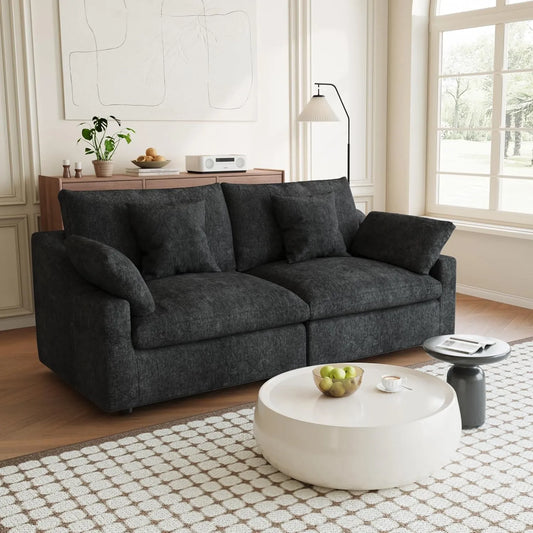 Premium Slope Cloud Sectional Couches | 2-Piece Linen Black Unique Slope Armrest Loveseats 2-seaters