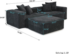 Exclusive Modern Modular Couches | 3-Piece Corduroy Black Safe For Kids Chaise Sectionals 2-seaters with 1-Ottomans