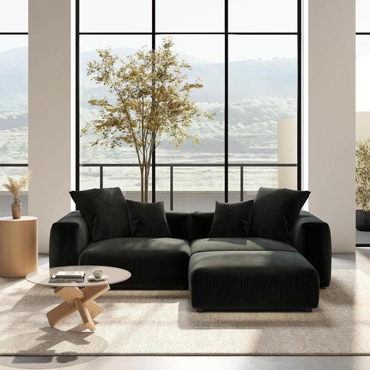 Exclusive Modern Modular Couches | 3-Piece Corduroy Black Safe For Kids Chaise Sectionals 2-seaters with 1-Ottomans