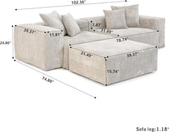 Exclusive Modern Modular Couches | 3-Piece Corduroy Beige Safe For Kids Chaise Sectionals 2-seaters with 1-Ottomans