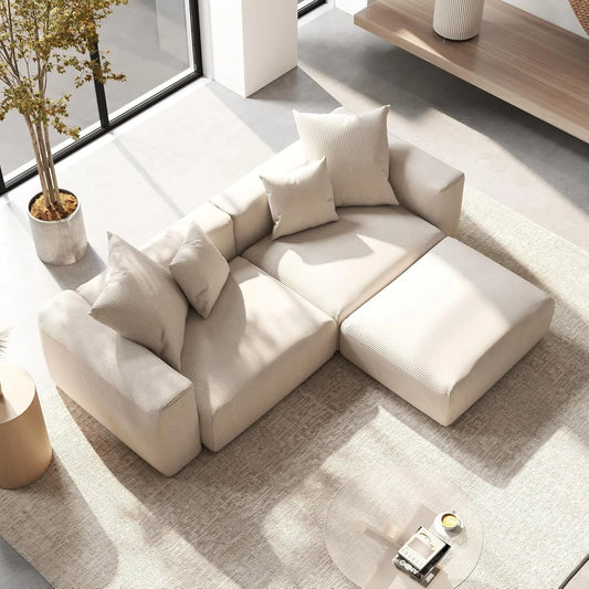 Exclusive Modern Modular Couches | 3-Piece Corduroy Beige Safe For Kids Chaise Sectionals 2-seaters with 1-Ottomans