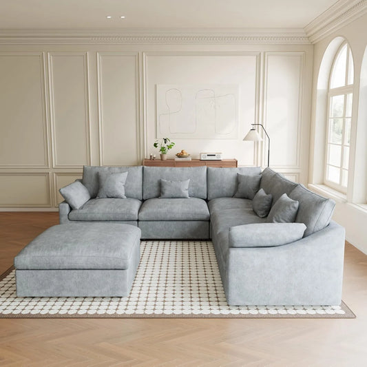 Premium Slope Cloud Sectional Couches | 6-Piece Linen Light Grey Modular Design Sofa Sets 4-seaters with 2-Ottomans