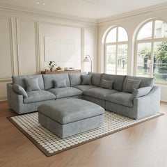 Premium Slope Cloud Sectional Couches | 6-Piece Linen Light Grey Modular Design Sofa Sets 4-seaters with 2-Ottomans