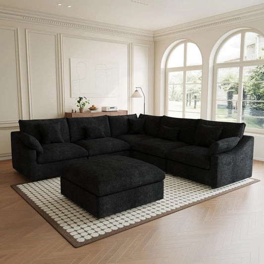 Premium Slope Cloud Sectional Couches | 6-Piece Linen Black Comfy Sloped Arms Sofa Sets 4-seaters with 2-Ottomans