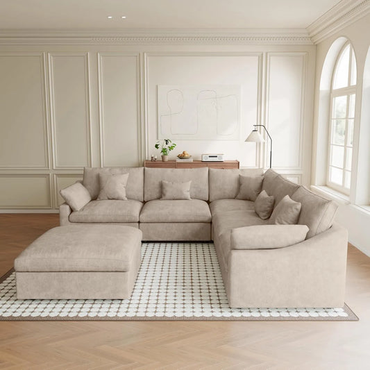 Premium Slope Cloud Sectional Couches | 6-Piece Linen Khaki Covers Off Wash On Sofa Sets 4-seaters with 2-Ottomans