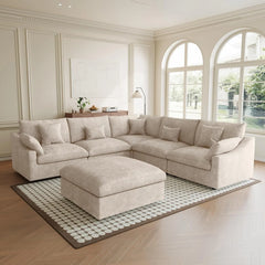 Premium Slope Cloud Sectional Couches | 6-Piece Linen Khaki Covers Off Wash On Sofa Sets 4-seaters with 2-Ottomans