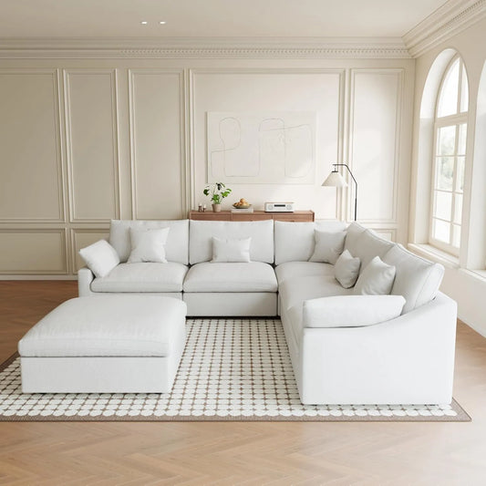 Premium Slope Cloud Sectional Couches | 6-Piece Linen White Totally Washable Covers Sofa Sets 4-seaters with 2-Ottomans