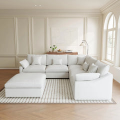 Premium Slope Cloud Sectional Couches | 6-Piece Linen White Totally Washable Covers Sofa Sets 4-seaters with 2-Ottomans