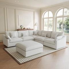 Premium Slope Cloud Sectional Couches | 6-Piece Linen White Totally Washable Covers Sofa Sets 4-seaters with 2-Ottomans