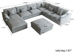 Premium Slope Cloud Sectional Couches | 8-Piece Linen Light Grey Cool And Comfy Fabric Sofa Sets 5-seaters with 3-Ottomans
