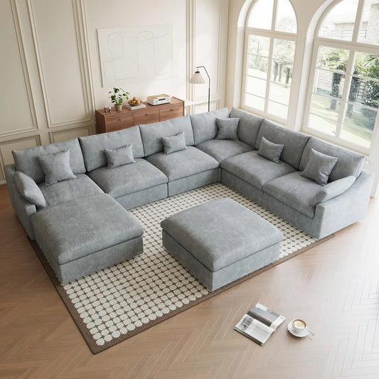 Premium Slope Cloud Sectional Couches | 8-Piece Linen Light Grey Cool And Comfy Fabric Sofa Sets 5-seaters with 3-Ottomans