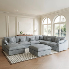 Premium Slope Cloud Sectional Couches | 8-Piece Linen Light Grey Cool And Comfy Fabric Sofa Sets 5-seaters with 3-Ottomans