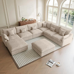 Premium Slope Cloud Sectional Couches | 8-Piece Linen Khaki Relaxed Airy Elegance Sofa Sets 5-seaters with 3-Ottomans