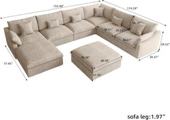 Premium Slope Cloud Sectional Couches | 8-Piece Linen Khaki Relaxed Airy Elegance Sofa Sets 5-seaters with 3-Ottomans