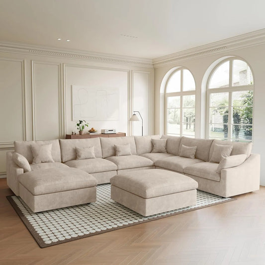 Premium Slope Cloud Sectional Couches | 8-Piece Linen Khaki Relaxed Airy Elegance Sofa Sets 5-seaters with 3-Ottomans