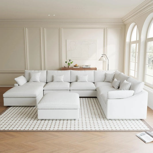 Premium Slope Cloud Sectional Couches | 8-Piece Linen White Simple Beachy Style Sofa Sets 5-seaters with 3-Ottomans