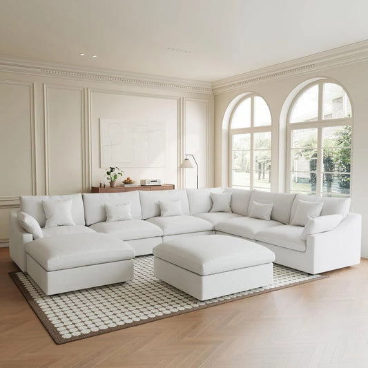Premium Slope Cloud Sectional Couches | 8-Piece Linen White Simple Beachy Style Sofa Sets 5-seaters with 3-Ottomans