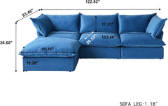 Premium Velvet Cloud Sectional Couches | 4-Piece Velvet Blue Rich Fancy Velvet L-Shaped Sectionals 3-seaters with 1-Ottomans