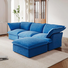 Premium Velvet Cloud Sectional Couches | 4-Piece Velvet Blue Rich Fancy Velvet L-Shaped Sectionals 3-seaters with 1-Ottomans