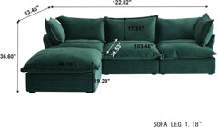 Premium Velvet Cloud Sectional Couches | 4-Piece Velvet Green Hidden Storage Box L-Shaped Sectionals 3-seaters with 1-Ottomans