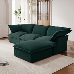 Premium Velvet Cloud Sectional Couches | 4-Piece Velvet Green Hidden Storage Box L-Shaped Sectionals 3-seaters with 1-Ottomans