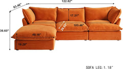 Premium Velvet Cloud Sectional Couches | 4-Piece Velvet Orange Rich Beautiful Fabric L-Shaped Sectionals 3-seaters with 1-Ottomans