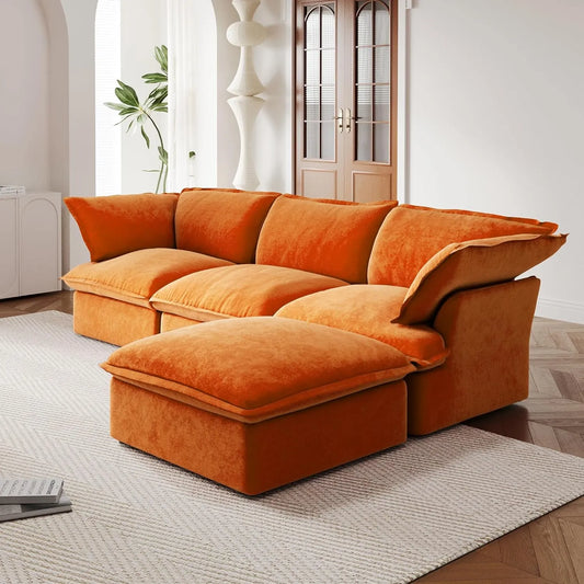 Premium Velvet Cloud Sectional Couches | 4-Piece Velvet Orange Rich Beautiful Fabric L-Shaped Sectionals 3-seaters with 1-Ottomans