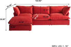 Premium Velvet Cloud Sectional Couches | 4-Piece Velvet Red Rich Elegance L-Shaped Sectionals 3-seaters with 1-Ottomans