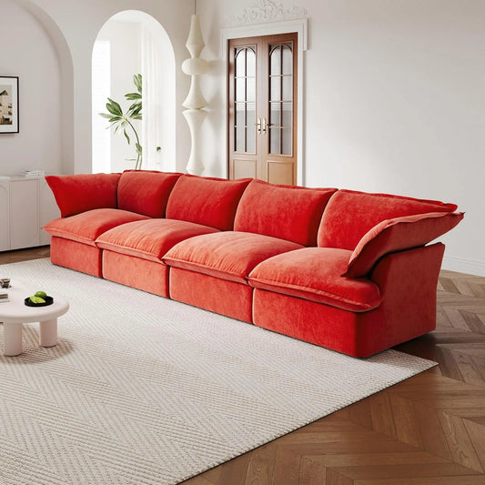 Premium Velvet Cloud Sectional Couches | 4-Piece Velvet Red Rich Fancy Velvet Couch Sectionals 4-seaters