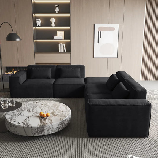 Exclusive Classic Sectional Couches | 4-Piece Corduroy Black Safe For Pets V-Shaped Sectionals 4-seaters with 1-Ottomans