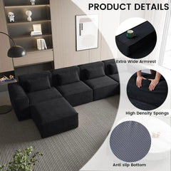 Exclusive Classic Sectional Couches | 4-Piece Corduroy Black Safe For Pets V-Shaped Sectionals 4-seaters with 1-Ottomans