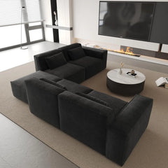 Exclusive Classic Sectional Couches | 4-Piece Corduroy Black Safe For Pets V-Shaped Sectionals 4-seaters with 1-Ottomans