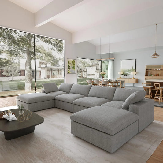 Premium Luxe Cloud Sectional Couches | 6-Piece Linen Light Grey Strong Linen Fabric U-Shaped Sectionals 4-seaters with 2-Ottomans
