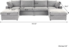 Premium Luxe Cloud Sectional Couches | 6-Piece Linen Light Grey Strong Linen Fabric U-Shaped Sectionals 4-seaters with 2-Ottomans