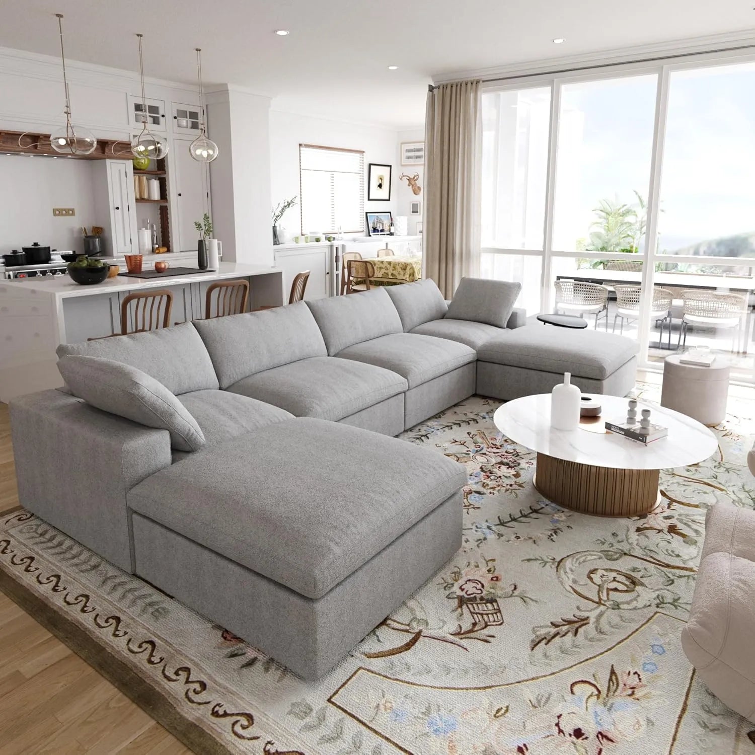 Premium Luxe Cloud Sectional Couches | 6-Piece Linen Light Grey Strong Linen Fabric U-Shaped Sectionals 4-seaters with 2-Ottomans