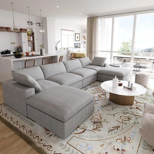 Premium Luxe Cloud Sectional Couches | 6-Piece Linen Light Grey Strong Linen Fabric U-Shaped Sectionals 4-seaters with 2-Ottomans