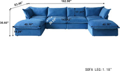 Premium Velvet Cloud Sectional Couches | 6-Piece Velvet Blue Simply Serene Seating U-Shaped Sectionals 4-seaters with 2-Ottomans