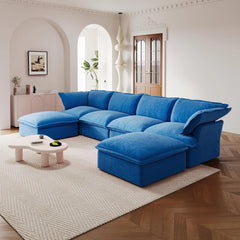Premium Velvet Cloud Sectional Couches | 6-Piece Velvet Blue Simply Serene Seating U-Shaped Sectionals 4-seaters with 2-Ottomans