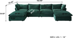 Premium Velvet Cloud Sectional Couches | 6-Piece Velvet Green Simply Serene Seating U-Shaped Sectionals 4-seaters with 2-Ottomans