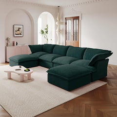 Premium Velvet Cloud Sectional Couches | 6-Piece Velvet Green Simply Serene Seating U-Shaped Sectionals 4-seaters with 2-Ottomans